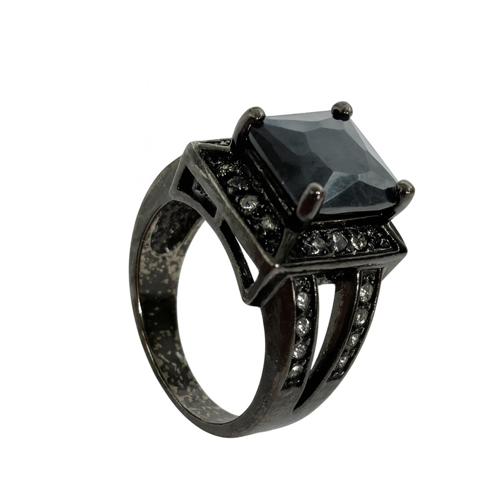 Black Square Stone Ring with Faux Diamonds Goth Statement Ring Size 8